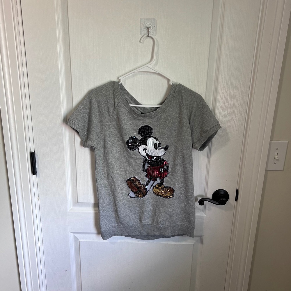 Modern Lux Mickey Mouse Sequin Graphic T-Shirt Heather Gray Short Sleeve Raglan